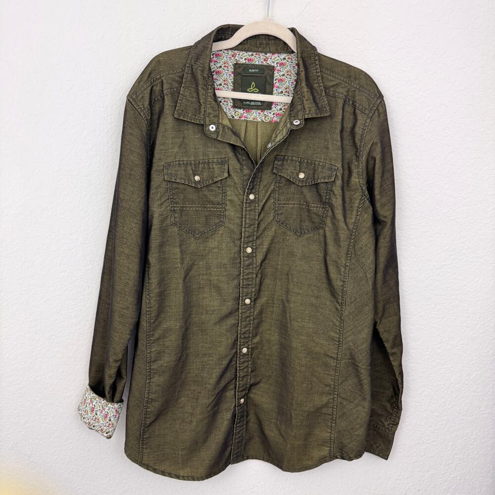 Prana Men Kellan Pearl Snap Corduroy Button Shirt Sz XL Slim Fit Flip Cuff Green